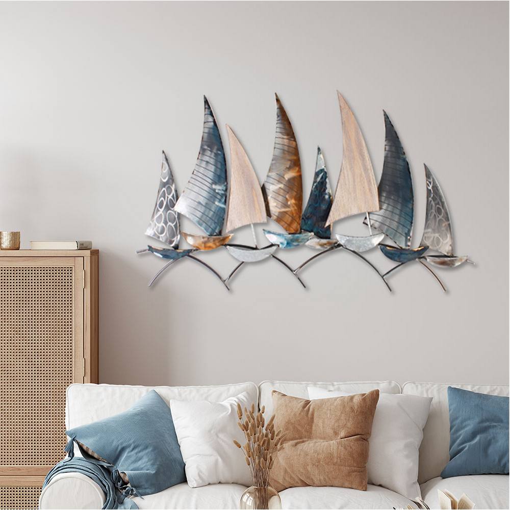 sculpture métal bois bateaux bleu orange