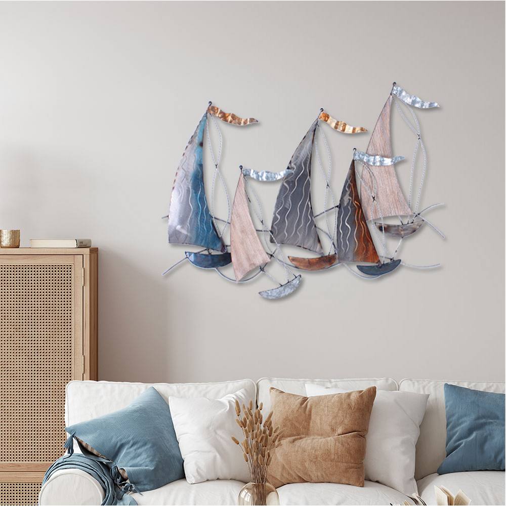 sculpture métal bateaux bleu orange