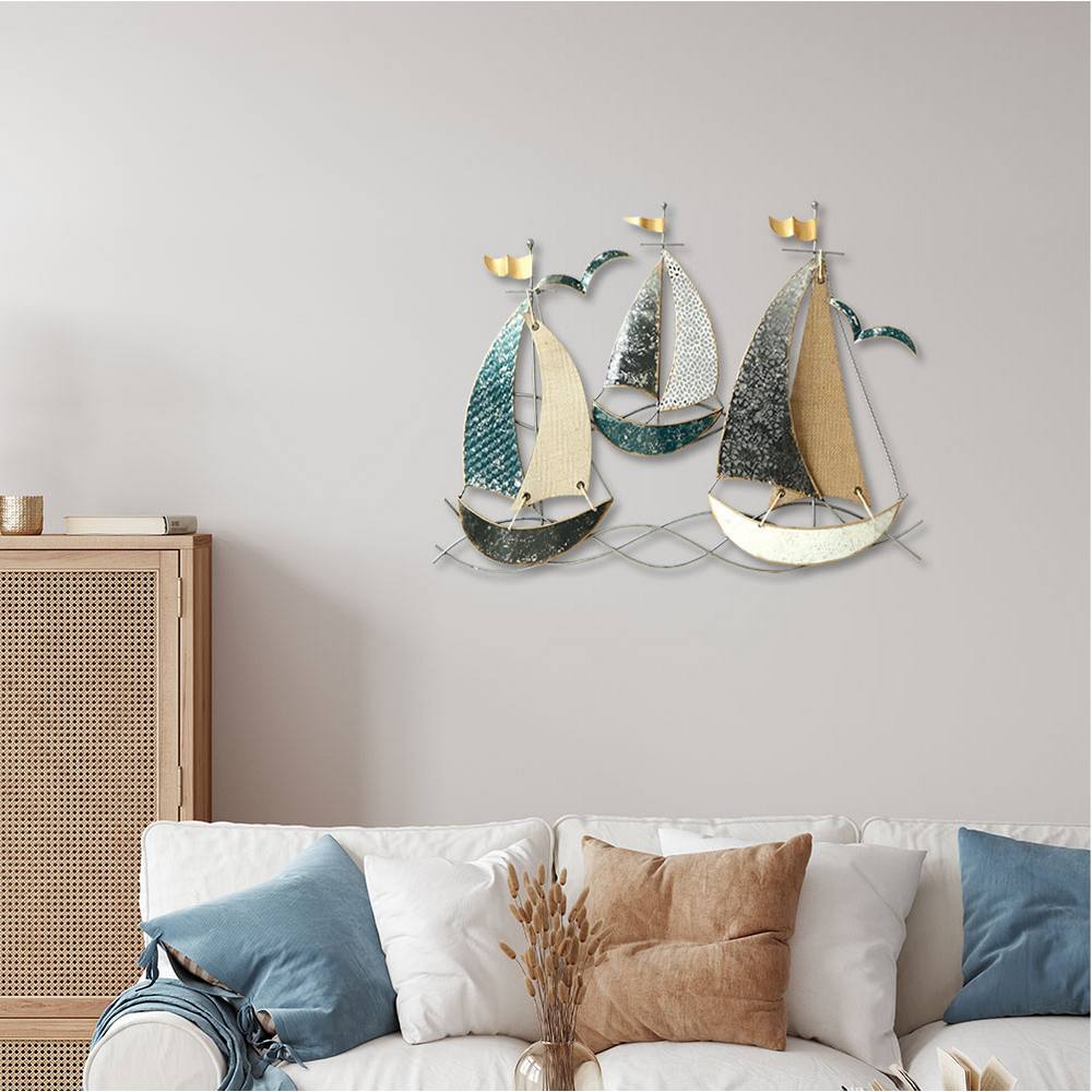 sculpture métal bateaux bleu toile de jute