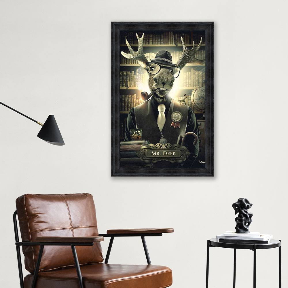 cadre_sylvain_binet_cerf_bibliotheque_livre_mr_deer_cadraven_bonifacio_14.3172_80x120cm cadre sylvain binet cerf bibliothèque livre mr deer