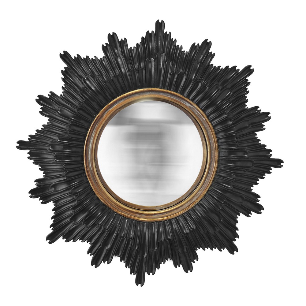 Miroir rond, cadre en résine noire patinée avec détails dorés, dos feutrine  avec fixation au mur, 18x18x3cm.