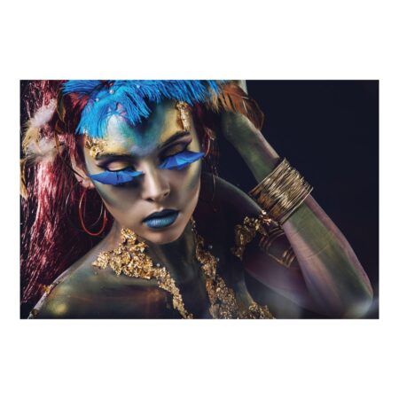 Tableau Femme Maquillage Corps Plumes Bleu 150x100cm