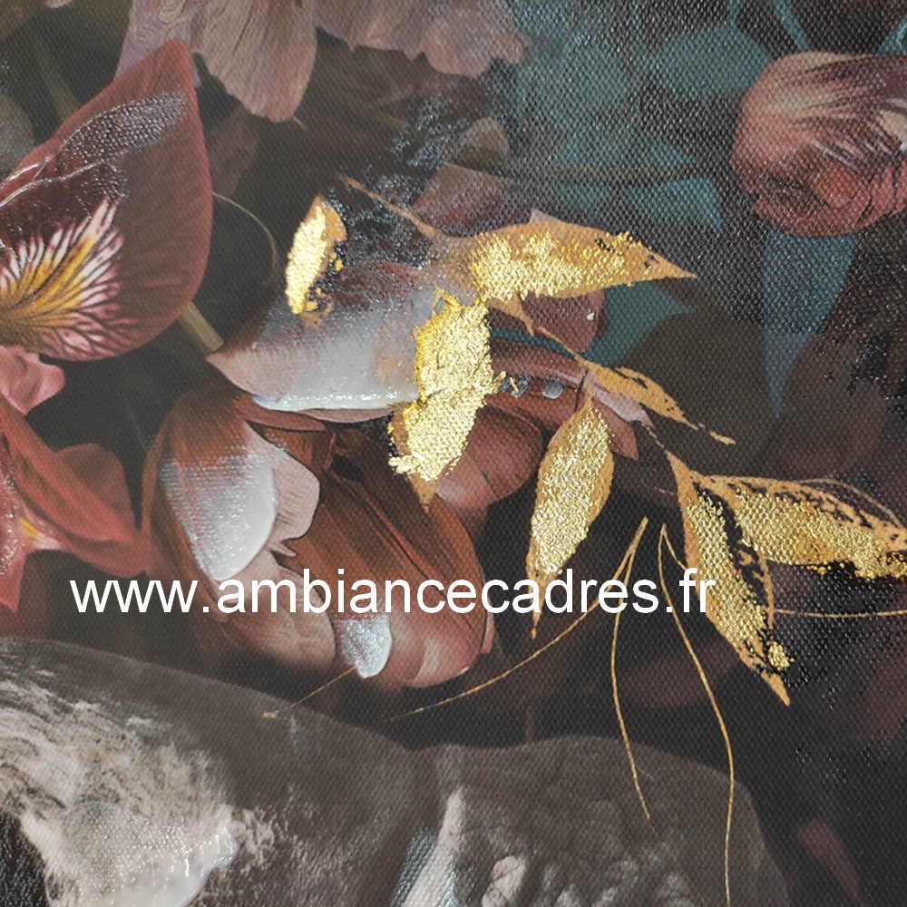 Tableau Rhinocéros Fleurs Colorés Cadre Noir Or 42.5x52.5cm