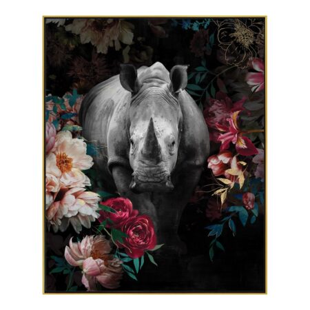 Tableau Rhinocéros Fleurs Colorés Cadre Noir Or 42.5x52.5cm