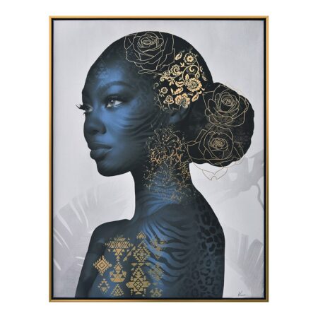 Toile Femme Teint Bleu Motifs Or 62.5x82.5cm