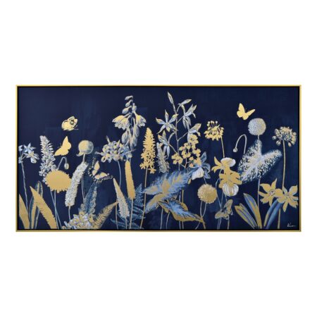 Toile Fleurs et Papillons Bleu Or Encadrée 72.5x142.5cm