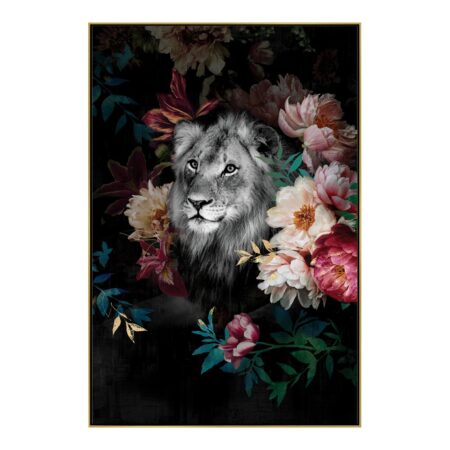 Toile Lion Entouré de Fleurs Encadrée 82.5x122.5cm