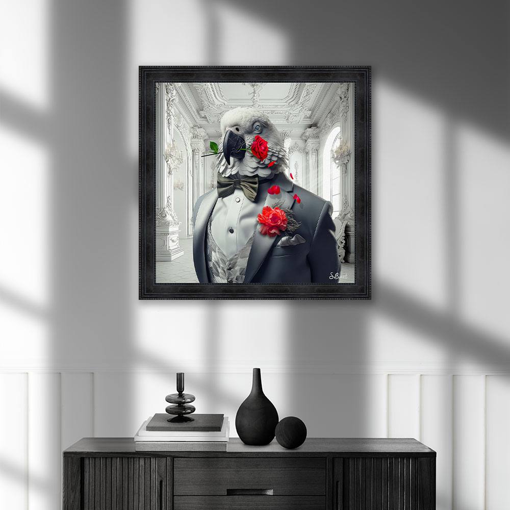 tableau_perroquet_costume_chateau_fleur_rouge_sylvain_binet_cadraven_tours_14.3371_80x80cm Tableau perroquet costume château fleur rouge
