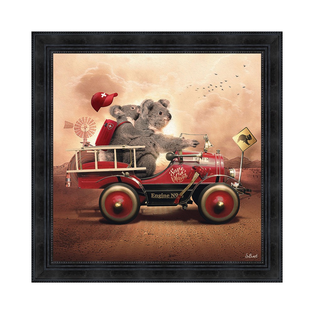 tableau_koala_voiture_rouge_desert_toile_sylvain_binet_cadraven_perpignan_14.3248_60x60cm tableau koala voiture rouge désert sylvain binet