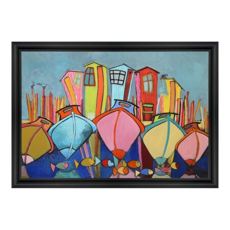 Cadre m gonnin bateaux maisons et poissons colores