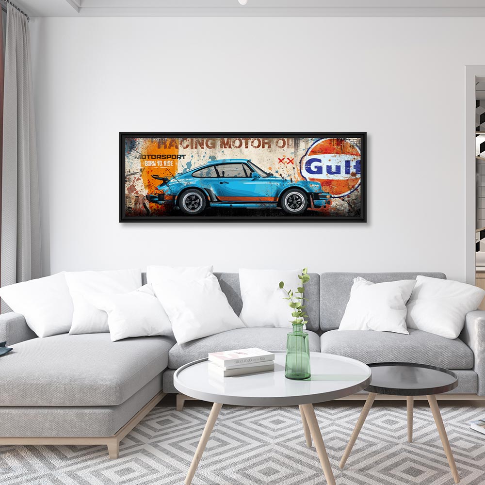 cadre_rubix_911_gulf_motor_oil_image_encadree_cadraven_mise_en_ambiance_salon_paris cadre rubix 911 gulf motor oil