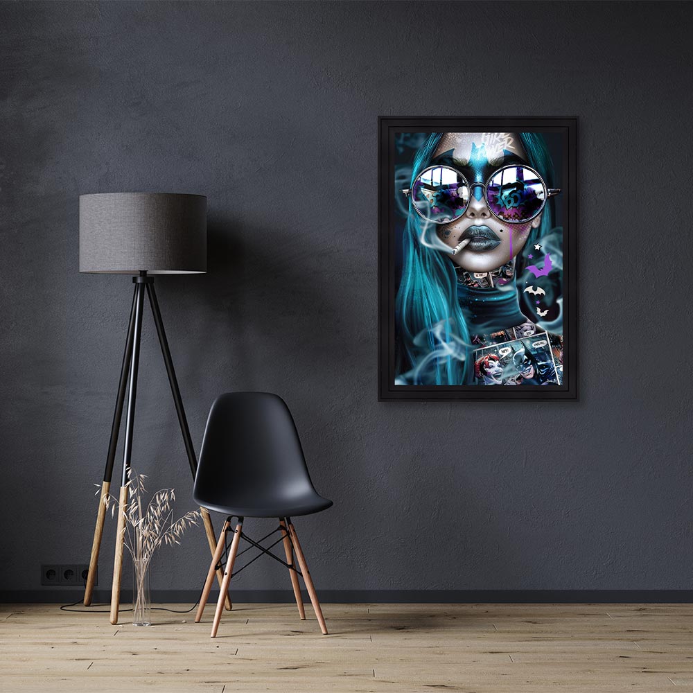cadre_sarah_b_bat_blue_reproduction_femme_cheveux_bleu_cigarette_batman_bande_dessine_deco_chambre_adolescent_limoges cadre sarah b Bat Blue