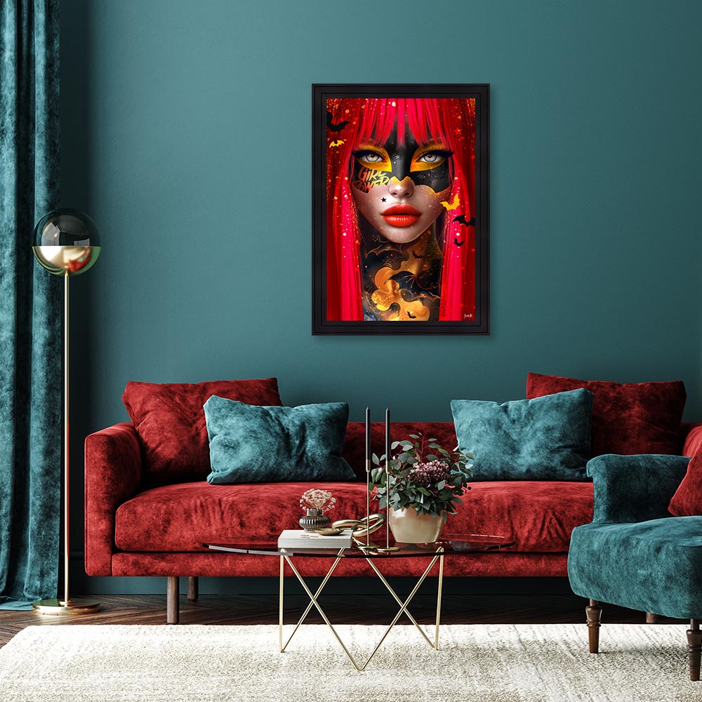 cadre_sarah_b_bat_red_femme_cheveux_rouge_masque_jaune_noir_chauve_souris_deco_contemporaine_argenteuil cadre sarah b Bat Red
