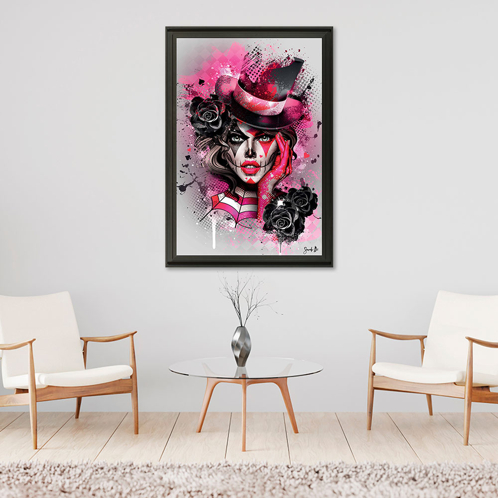 cadre_sarah_b_leandra_red_femme_clown_rose_noir_idee_ambiance_salon_lyon cadre sarah b leandra red