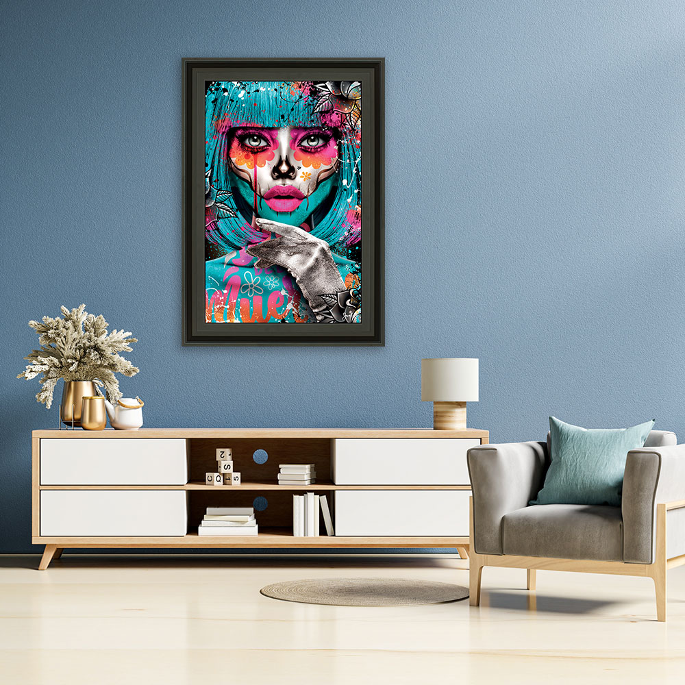 cadre_sarah_b_orea_blue_femme_maquillage_mexicain_fete_mort_femme_bleu_rose_ambiance_deco_maison_nice cadre sarah b Orea Blue