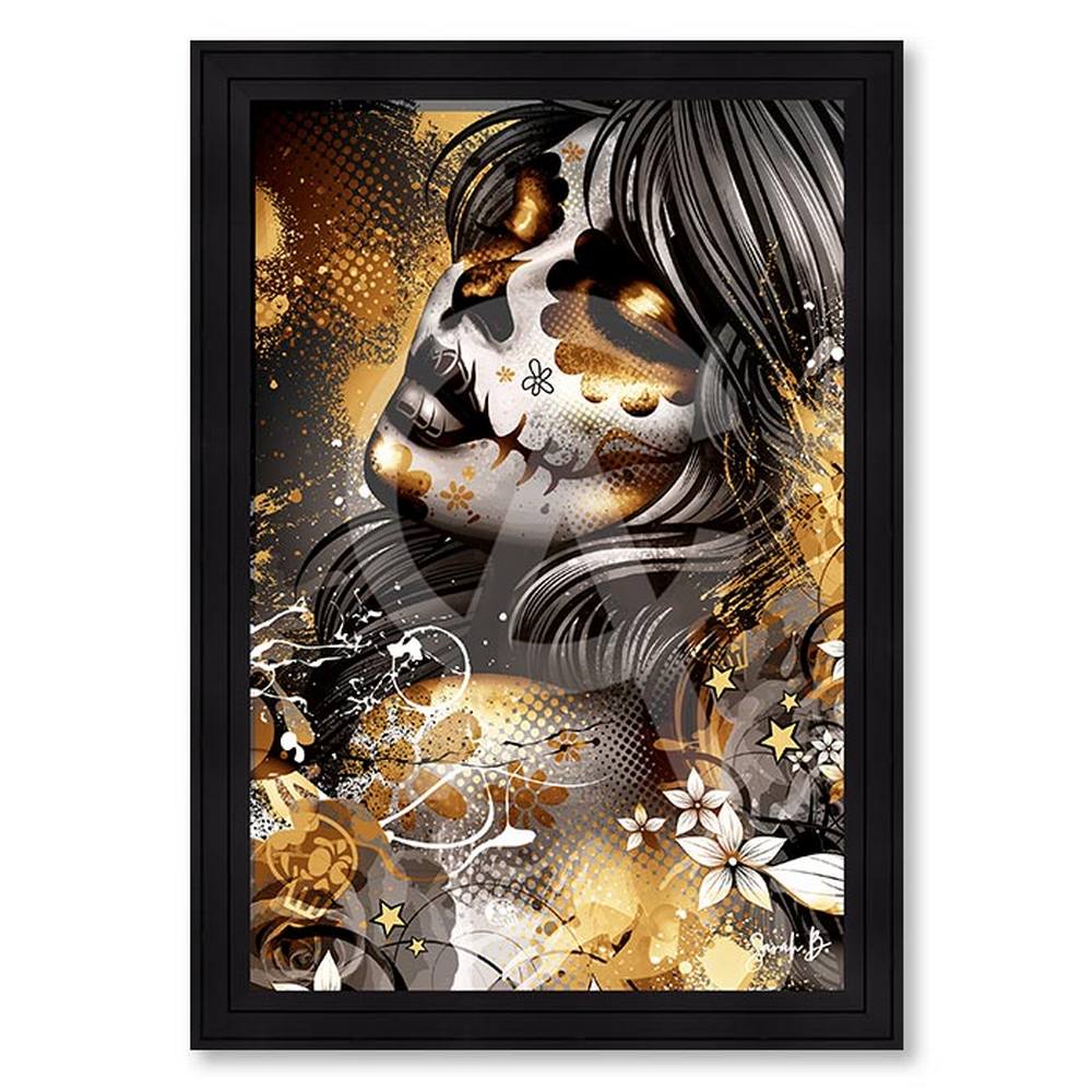 tableau_adela_gold_maquillage_de_tête_de_mort_mexicaine_femme_noir_or_deco_contemporaine_bordeaux tableau Adela Gold sarah b