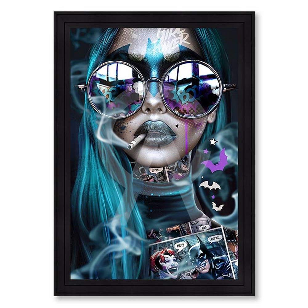 tableau_bat_blue_sarah_b_fille_cheveux_bleu_bande_dessine_batman_joker_girl_power_lunette_soleil_deco_chambre_ado_mulhouse Tableau Bat Blue sarah B