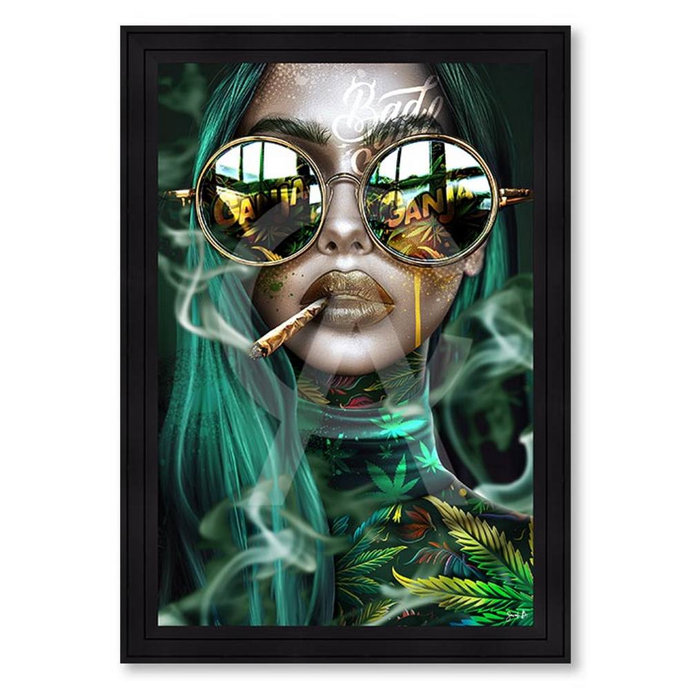tableau_ganja_doll_sarah_b_femme_cheveux_verts_cigarette_lunette_soleil_or_montreuil Tableau Ganja Doll Sarah B