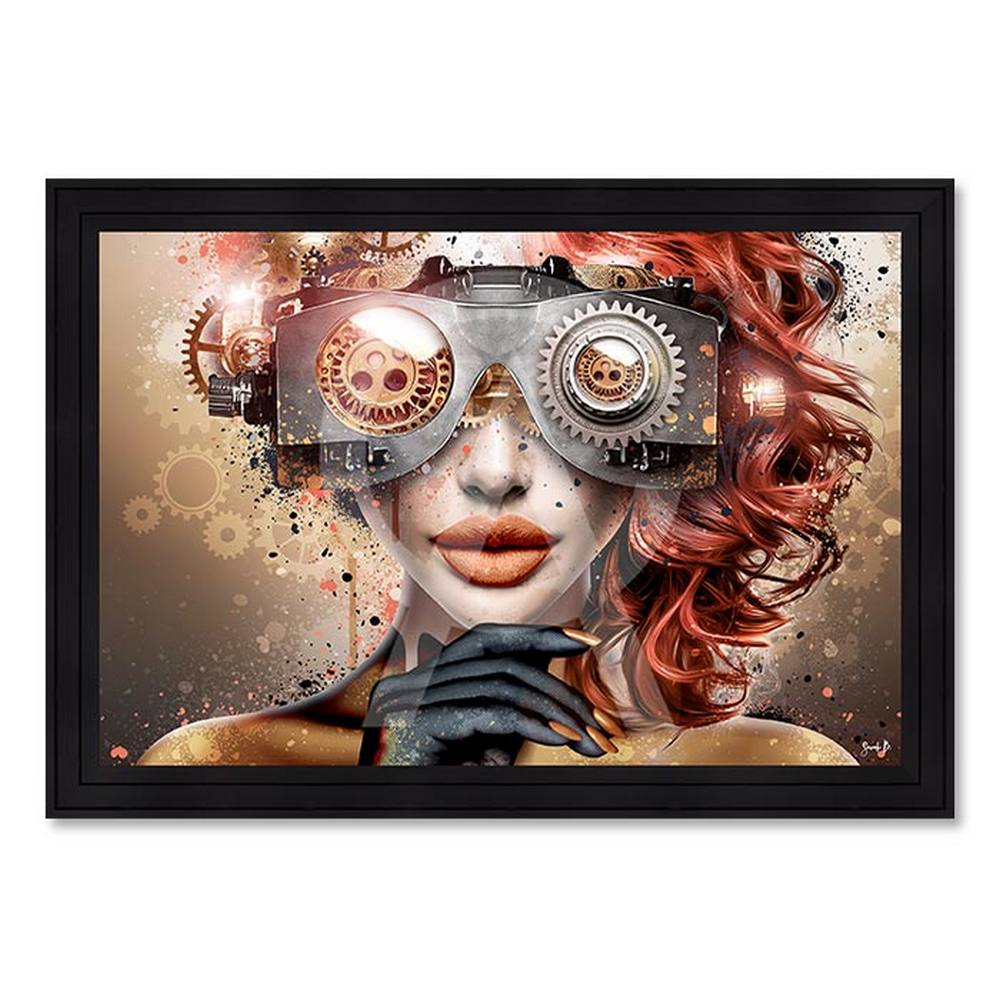 tableau_steam_ocre_fille_rousse_maquillage_noir_dore_lunette_engrenages_quimper tableau Steam Ocre sarah b