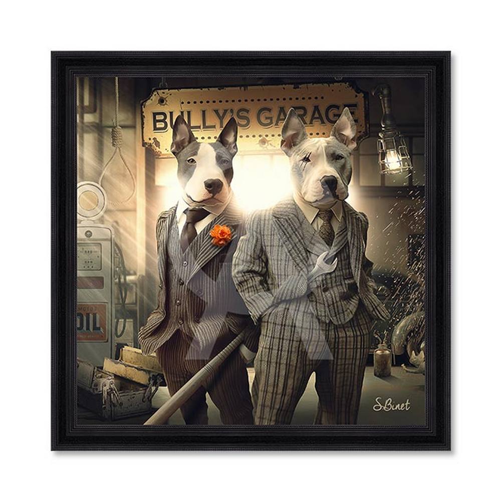 tableau_bullys_garage_sylvain_binet_cadeau_chiens_oil tableau Bully's Garage sylvain binet