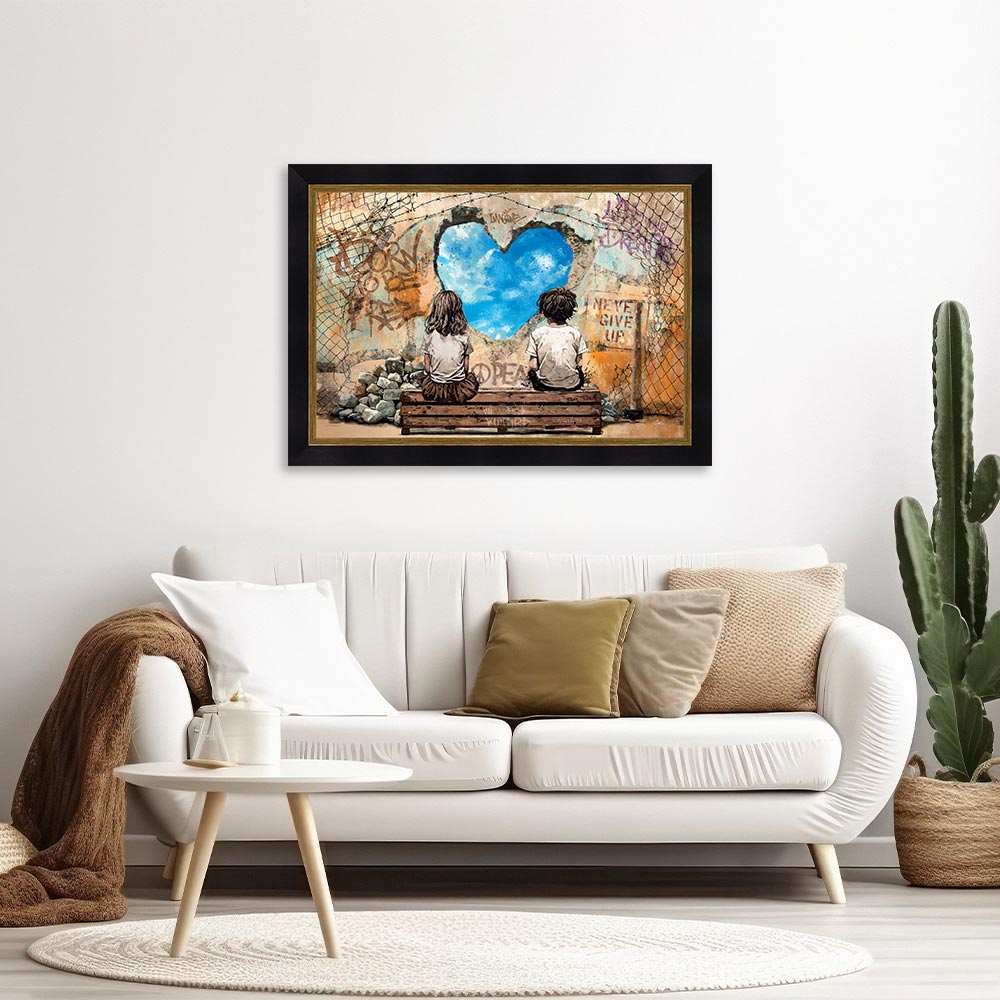 tableau_le_garcon_la_fille_et_le_trou_dans_le_mur_enfant_coeur_bleu_decoration_chaleureuse tableau le Garçon, la Fille et le Trou dans le Mur romaric