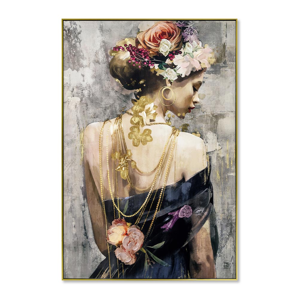 Toile Femme Fleurs et Colliers
