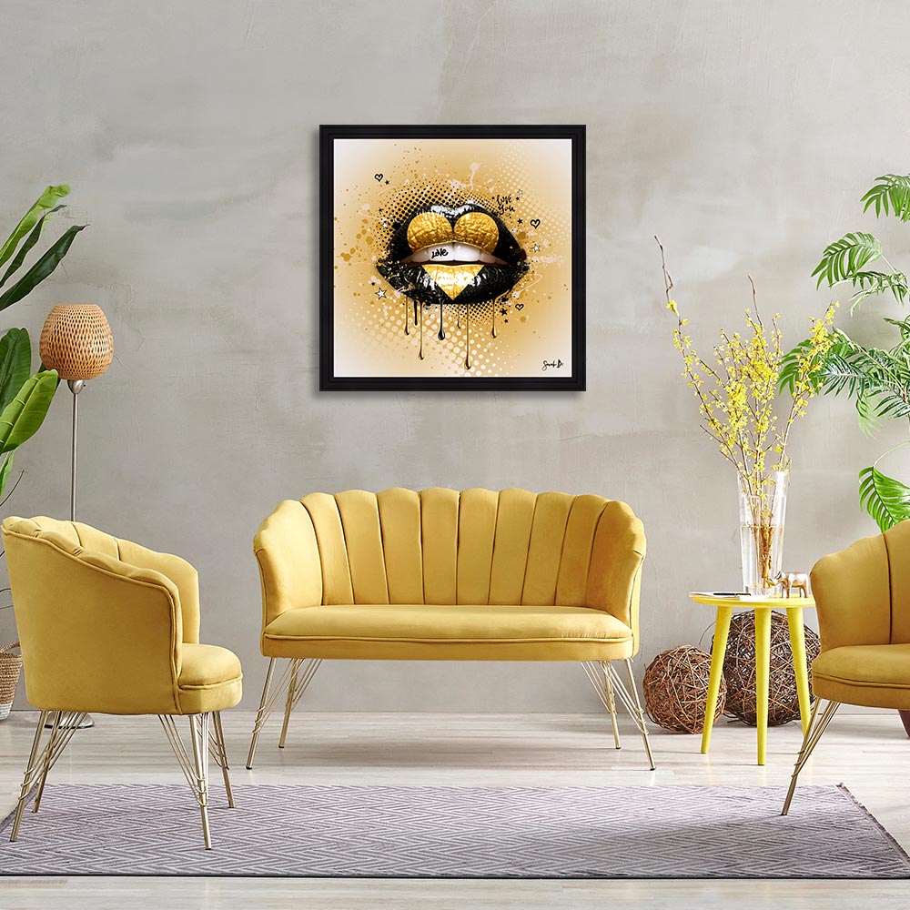 cadre_sarah_b_love_gold_idee_cadeau_jaune_bouche_noire_or cadre sarah b love Gold