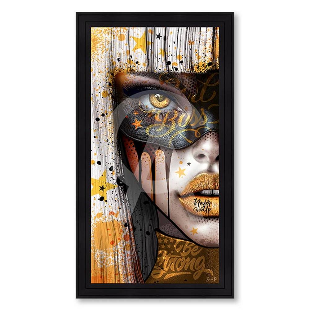 tableau_kala_sarah_b_femme_jaune_masque_never_give_up Tableau Kala Sarah B