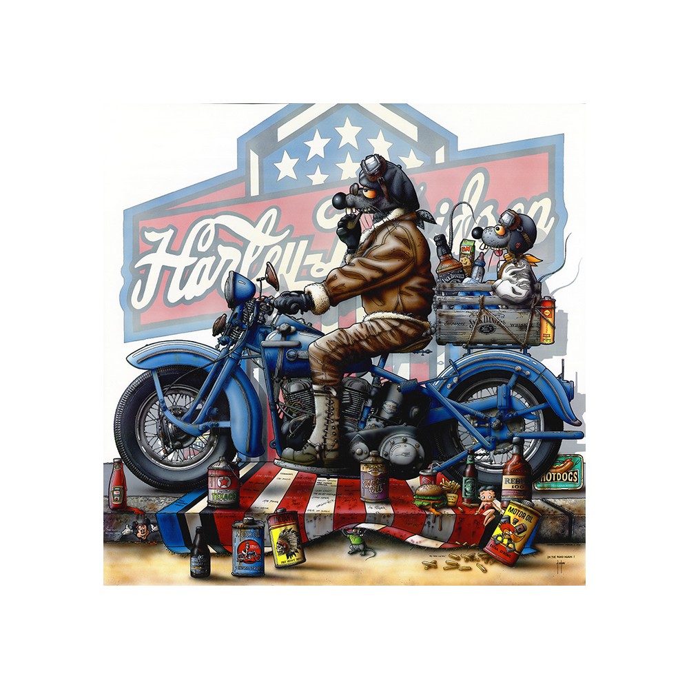 affiche_on_the_road_again_rat_moto_bleu_enfant_harley_davidson_alcool_ac-0984 affiche On The Road Again