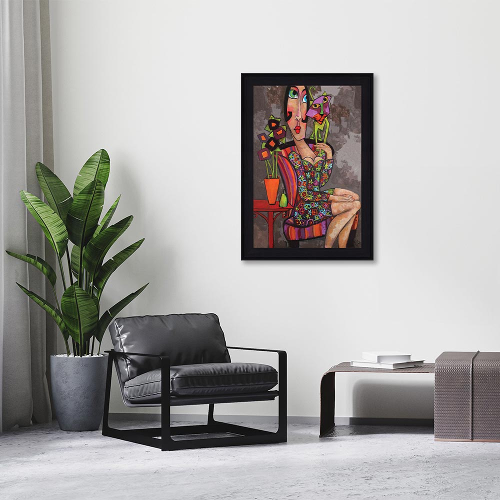 cadre_martine_gonnin_le_chat_vert_fille_fleurs_idee_cadeau_animaux_compagnie Cadre Martine Gonnin le Chat Vert