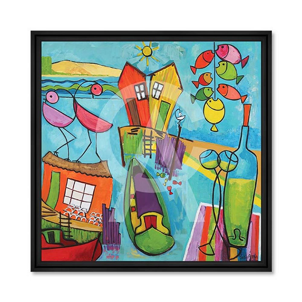 tableau_duo_a_la_ligne_martine_gonnin_poisson_bouteille_oiseau_maison Tableau Duo à la Ligne Martine Gonnin