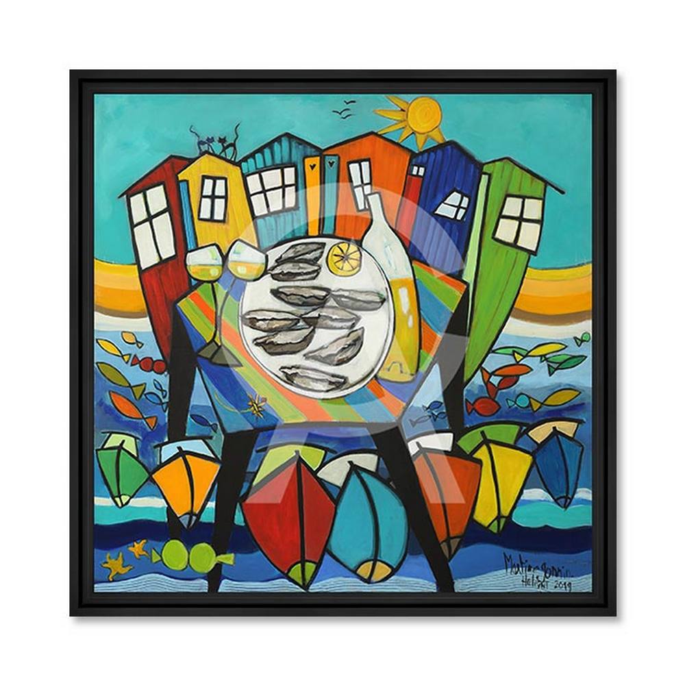 tableau_fete_du_port_martine_gonnin_vin_huitre_chat_maison_bateaux Tableau Fête du Port Martine Gonnin