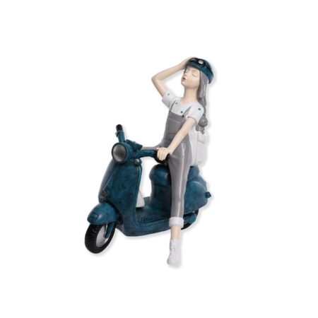 Sculpture femme en scooter bleu
