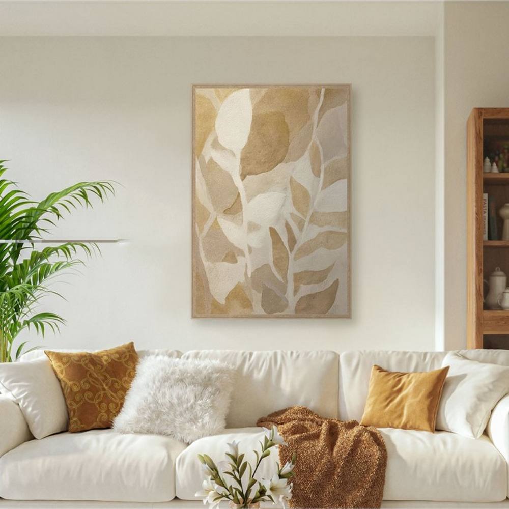 cadre_deco_feuillages_beiges_blanc_sable_evoa_design_caf_25069_style_contemporain Cadre Déco Feuilles Crème