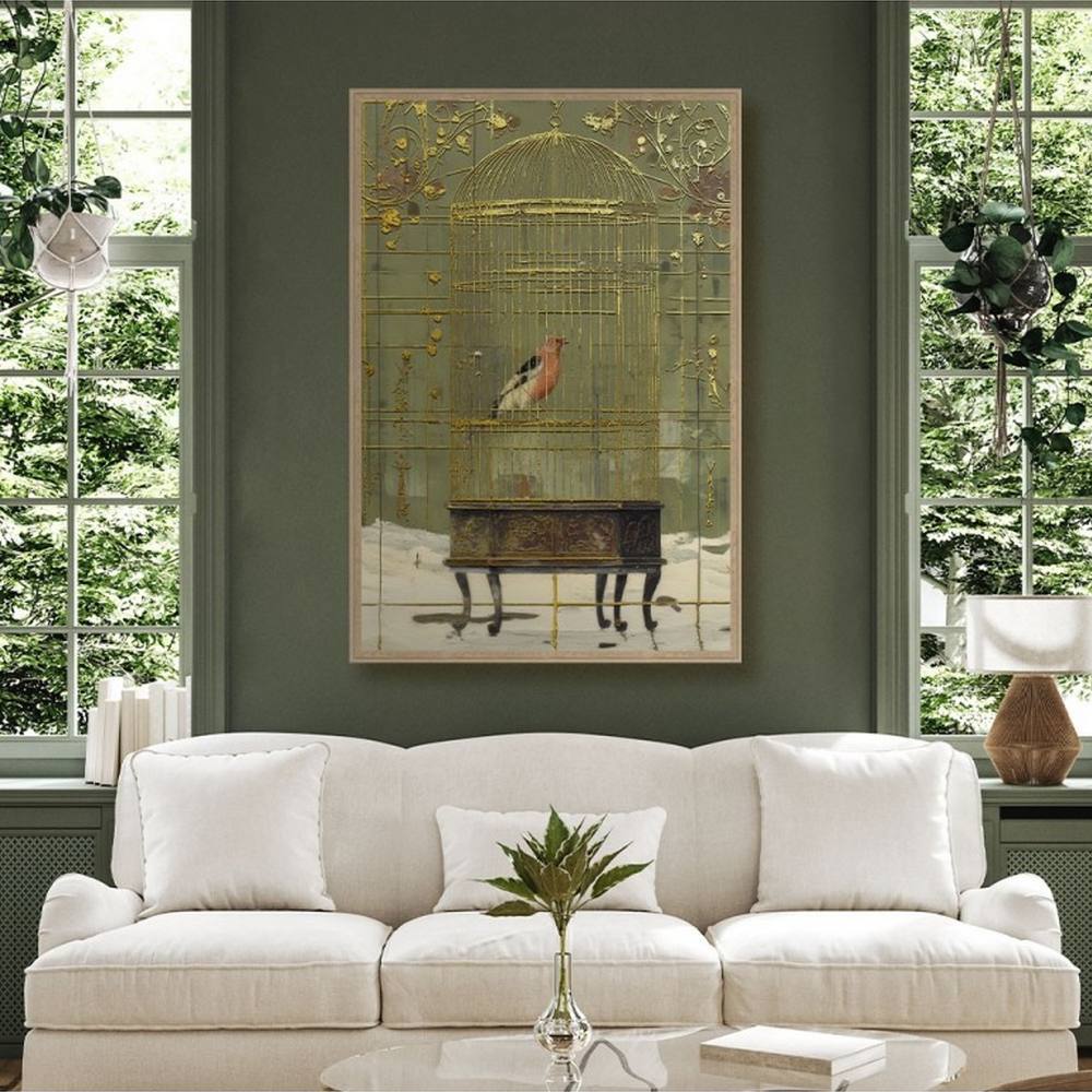 Cadre Oiseau en Cage Doré