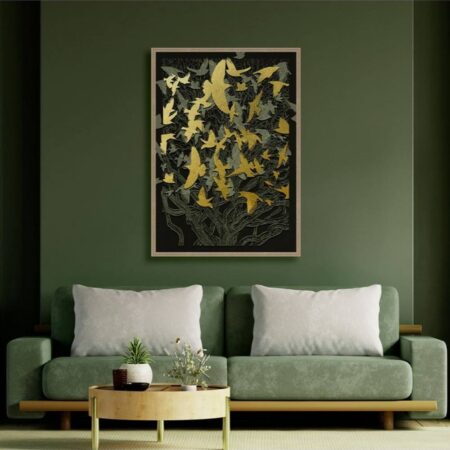 Tableau Envol d'Oiseaux Dorés Verts
