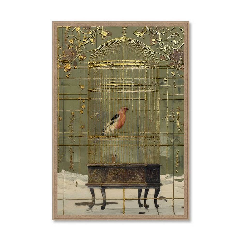 Tableau Oiseau en Cage Doré