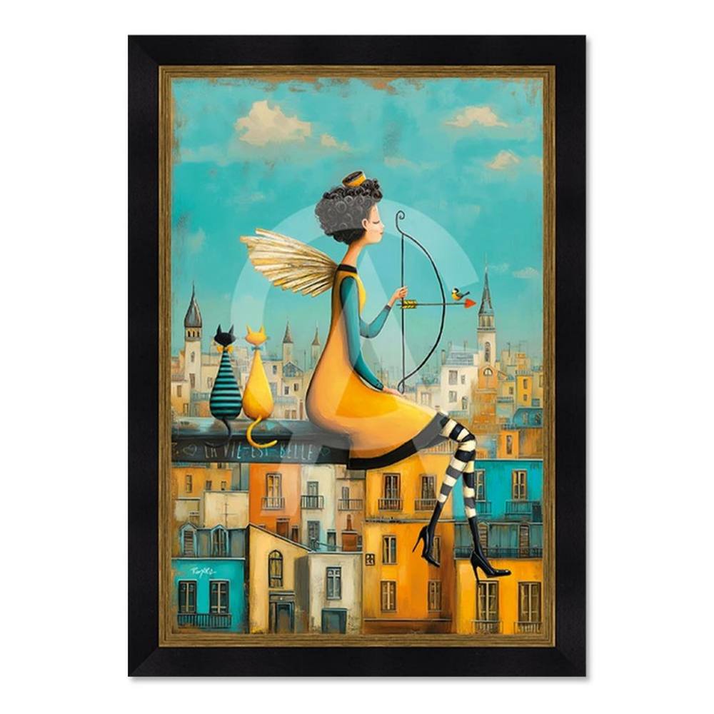 tableau_cupidonne_romaric_femme_ange_chats_oiseau_ville tableau Cupidonne romaric