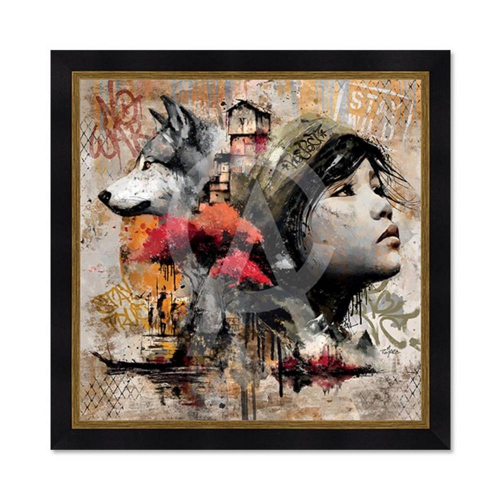 tableau_la_fille_et_le_loup_romaric_enfant_animal_dore_arbre_rouge tableau la Fille et le Loup romaric