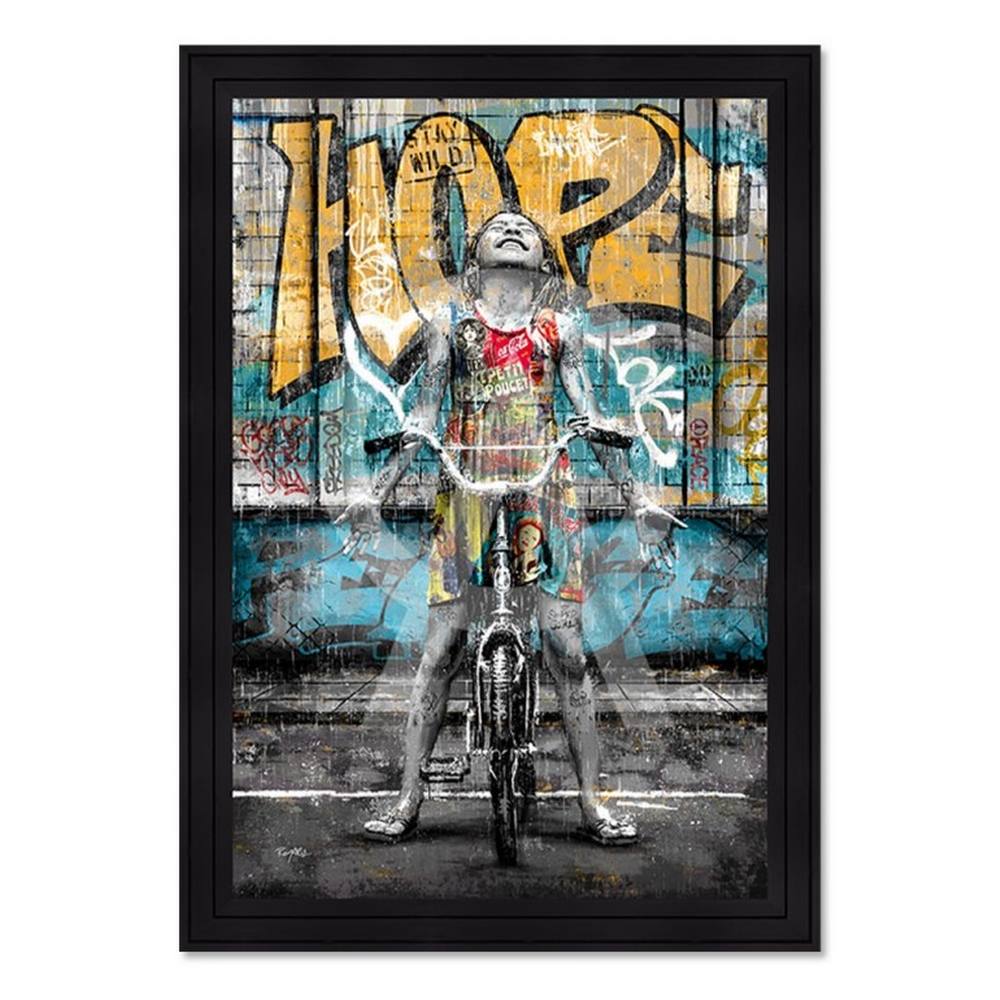 tableau_la_fille_et_son_velo_sous_la_pluie_romaric_enfant_street_art tableau la Fille et son Vélo sous la Pluie romaric