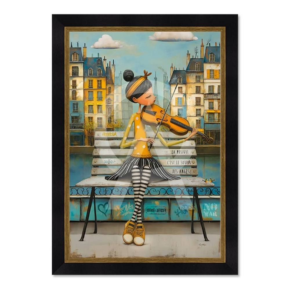 tableau_la_violoniste_sur_le_banc_romaric_fille_ville_musique_violon tableau la Violoniste sur le Banc romaric