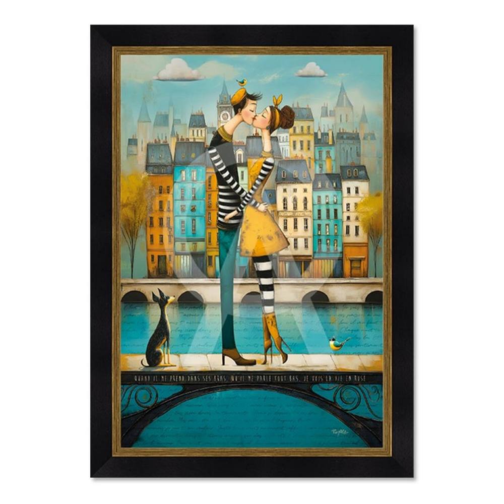 tableau_le_bisou_sur_la_passerelle_romaric_couple_pont_chien_oiseaux_amoureux tableau le Bisous sur la Passerelle romaric