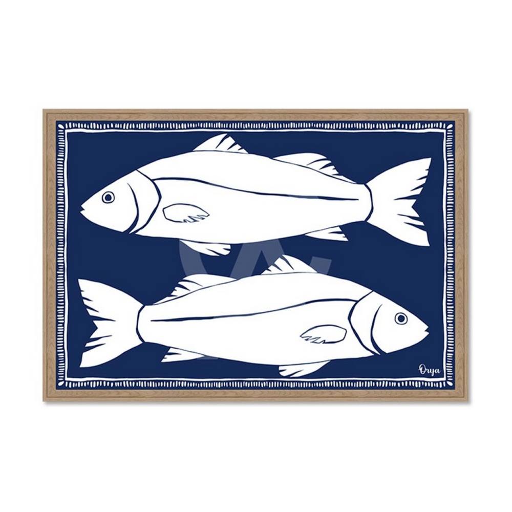 Tableau Poissons Blanc Fond Bleu