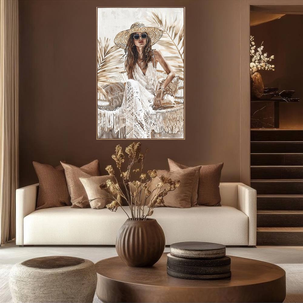 Objet déco salon toile femme robe boheme