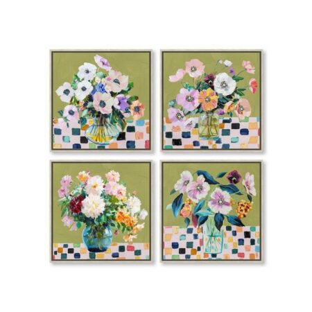 Set de 4 Petites Toiles Fleurs Vertes