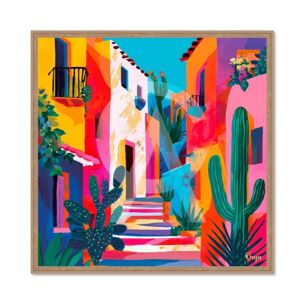 tableau_carre_rue_coloree_cactus_plantes_escaliers_mediteranee_orya_caf-26171 Tableau Carré Colorée Cactus Plantes