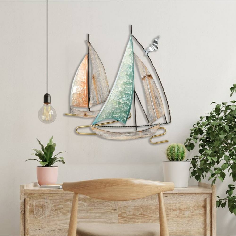 idee_cadeau_sculpture_en_metal_bateaux_bois_bleu_orange_06.565 Sculpture Marine en Métal et Bois